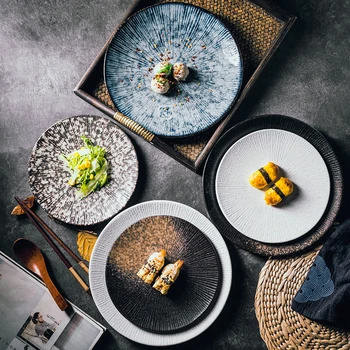 Japonų stiliaus dryžuotas seklių plokštė turas keramikos plokštės kūrybos vakarų lėkštės, pusryčiai plokštė desertas, plokštieji ryžių plokštė