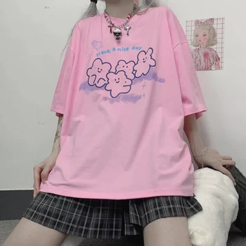 Kawaii Anime Harajuku Viršuje y2k Rožinė Atsitiktinis Palaidų trumpomis Rankovėmis T-shirt In Vasaros Moterų Drabužių Streetwear Negabaritinių marškinėliai Topai