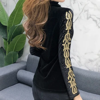 Korėjos mados drabužių 2020 Aksomo Deimantų Leopard Golfo plius dydis moterų viršūnių juoda long sleeve top marškinėliai moterims 7853 50