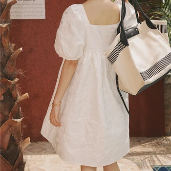 Lucyever Prancūzija Sluoksniuotos Rankovėmis Suknelė Moterims su Kišenėje Vasaros Aikštėje Apykaklė Balta Mini Sundress Moterų Saldus Prarasti Vestidos Mujer