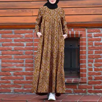 Mados 2021 Moterų Rudenį Musulmonų Kaftan Ilga Suknelė ZANZEA Elegantiškas Gėlių Spausdinti Vestidos Atsitiktinis ilgomis Rankovėmis Pynimas Turkija Hijab