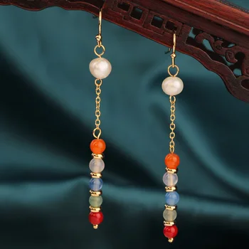 Mados Gėlo vandens perlų Vintage auskarai kelių spalvų gamtos akmenys, auskarai Etninės Papuošalai moterims