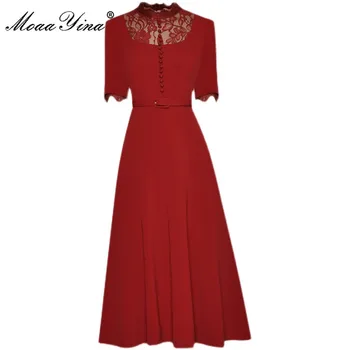 MoaaYina Naujas 2021 Mados Dizaineris Vasaros Raudona Suknelė Moterims trumpomis rankovėmis Nėrinių Kratinys Aukšto juosmens Varčias Elegantiškas Šalis Midi Suknelė