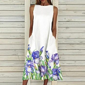 Moterims, Elegantiška Suknelė Vasaros Gėlių Spausdinti Rankovių Ilgio Suknelės Mados Apvali Kaklo-Line Kišenėje Moteriška Suknelė Plus Size Vestidos
