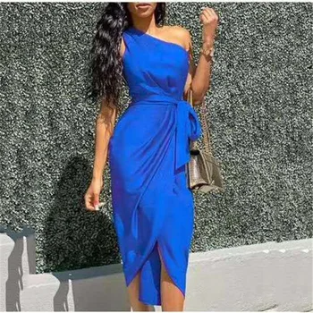 Moterų Suknelė 2021 Naujų Europos Ir Amerikos Slim Temperamentas Elegantiška Rausvos spalvos, Mėlyna Nuožulnios Pečių Lrregular Juostos Suknelė N815
