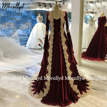 Musulmonų Bordo Vakaro Suknelės 2021 Linijos, V-kaklo, ilgomis Rankovėmis Aukso Nėrinių Dubajus Abaja Saudo arabų Maroko Ilgai Promenadzie Suknelė