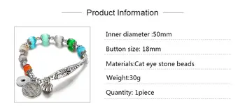 Naujas Grožio Spalvinga Katė akis akmens karoliukai elastinga snap apyrankės tinka 18mm snap snap mygtukų juvelyriniai dirbiniai didmeninė AB0071