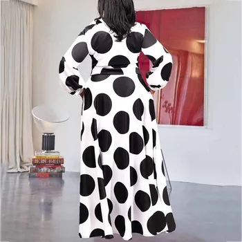 Naują Pavasario Polka Dot Spausdinti Suknelė Moterų Plius Dydis-ilgomis Rankovėmis Elegantiškas Retro Afrikos-line Maxi Vestidos Mujer Femme Ilgai Skraiste
