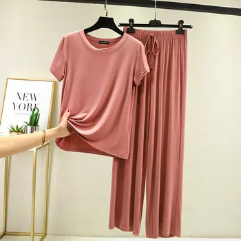 Patogi Minkšta Pižama Nustatyti Moterų Modalinis Trumpas Rankovės Sleepwear Kietas Atsitiktinis Homewear Moterų Kelnės 2021 M. Vasaros Pižamos Rinkiniai