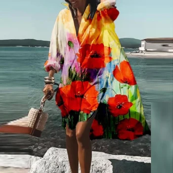 Plus Size Paplūdimys Marškinėliai Suknelė Moterims Spausdinti Megztinis ilgomis Rankovėmis Prarasti Suknelė Bohemijos Beach Party, Vestidos Skraiste Sundress платье 2021