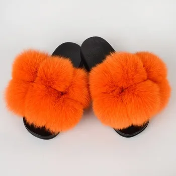 Ponios Nekilnojamojo Fox Fur Skaidres Moterų Vasaros Furry Sandalai Fifo Šlepetės Moterims Natūralių Kailių Šlepetės