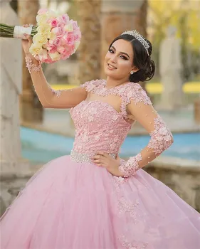 Rausvos spalvos, Saldus 16 Quinceanera Suknelę 2020 Kamuolys Suknelė Senovinių Nėrinių ilgomis Rankovėmis 3D Gėlių Vestidos 15 Anos Plius Dydis Inscenizacija Prom Chalatai