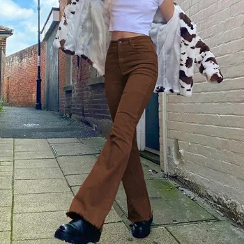 Ruda Sweatpants Moterų Kelnes Britų Stiliaus Aukšto Juosmens Ruožas Bell dugnu Džinsai Vaikino Mama Visas Ilgis Kutas Flare Kelnės