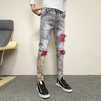 Rudenį Naujų Mados Kniedės Dekoro Kankina Džinsai Vyrų Drabužiai Paprasta Spliced Dizaino Slim Fit Hip-Hop Džinsinio Audinio Kelnės Streetwear Kelnės