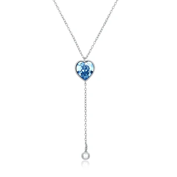 SILVERHOO S925 Sterlingas Sidabro Širdies Pakabukas Ilgi Kutai Karoliai Moterų Šviečia Mėlyna Austrijos Kristalų Fine Jewelry Karšto pardavimo
