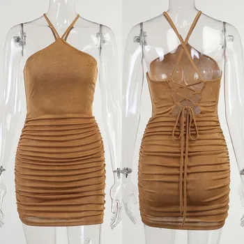 Spageti Dirželis Backless Mini Suknelė Seksualus Klubas Dėvėti 2021 M. Vasarą Rankovių Ruched Bodycon Suknelė Švenčių Šalis Suknelė