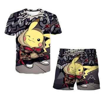 Vaikai Pokemon T-shirts Rinkiniai Animacinių filmų Spausdinti Trumpas Rankovės Juokinga Pikachu 3D marškinėliai Berniukams, Vaikų Drabužiai, 2021 M. Vasaros Mergaitės Drabužiai