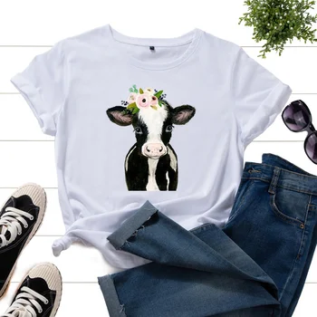Vasaros Moterų Plius Dydis Marškinėliai Medvilnė Karvės Gėlių Spausdinti Mados Kawaii Moterų Harajuku Atsitiktinis O-Kaklo Trumpomis Rankovėmis Tee Viršūnės