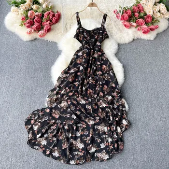 Vasaros Paplūdimio Gėlių Spausdinti Pynimas Ilgą Šifono Suknelė Moterims Seksualus Velniop Kaklo Spageti Dirželis Vestidos Atostogų Šaliai, Skraistės 2021