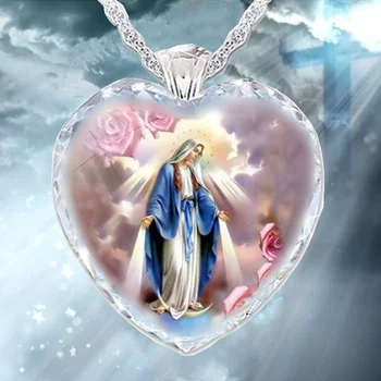 Širdies Formos Kristalų, Stiklo Mergelės Marijos Modelio moteriški Karoliai Pakabukas Naujas Mados Religinių Amuletas, Aksesuarai, Šaliai, Papuošalai