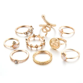 žiedų rinkinys Bohemiškas stilius tuščiaviduriai senovinių rožių gėlių gyvatės žiedas 10-piece set Ring moterų žiedai, pakabukai mergaitėms bague femme