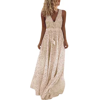 2019 Vestidos Vasaros Suknelė Moterų Berankovis Dot Spausdinti Kutai Giliai V Kaklo Long Beach Maxi Suknelė moteriškas Plius Dydis
