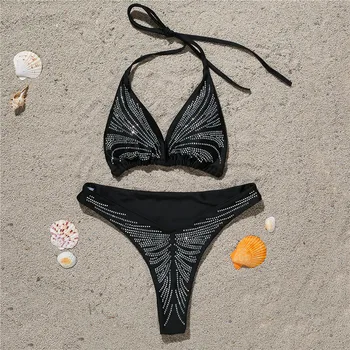 2020 metų Vasaros Drabužių Seksualus Juodos spalvos Deimantų Paplūdimio Tvarstis Bikini Komplektas Femme maudymosi kostiumėlį, Laisvalaikio Europos Maudymosi Kostiumą SJ6399R