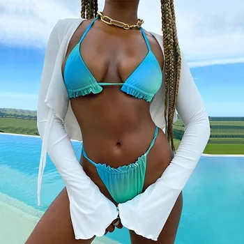 2021 Briaunoti Pynimas Frilled Brazilijos Bikini Moterims maudymosi kostiumėlį moterų maudymosi kostiumėliai, Dviejų dalių, bikini nustatyti Apynasrio String maudymosi kostiumą Plaukti