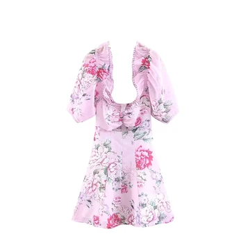 2021 m. Pavasarį, Vasarą Naujasis prancūzijos Stiliaus Aikštėje Apykaklės Gėlių Rožinė Suknelė Seksualus Stora Rinkti Juosmens Slim - Line Mini Suknelės Moterims