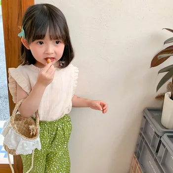 2021 M. Vasarą Naujų Korėjos Stiliaus Kūdikių Mergaitės, Medvilnės, Lino Palaidinės Be Rankovių Ruched Viršūnes Pure Color Kids Marškinėliai