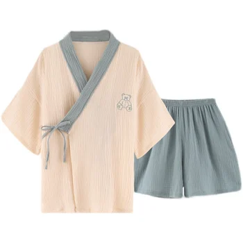 2021 Vasaros Candy Spalva-Japonų Kimono stiliaus Medvilnės Marlės, Moterų Pižamą Dviejų dalių Namus Paslaugų Yukata Nėriniai-up Pajama Rinkinys