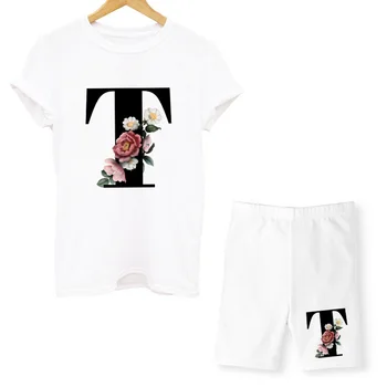 26 anglų kalbos raidės A-Z, baltas trumparankoviai atsitiktinis marškinėliai uosto pagrindinio vasaros kostiumas nustatyti tėvų-vaikų drabužių pora drabužių 2021