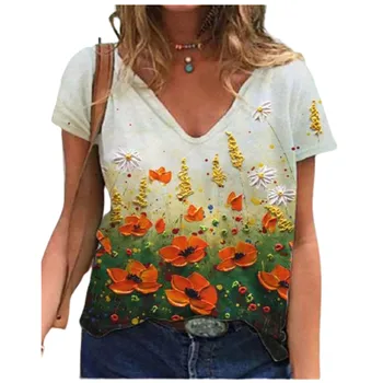 3D Gėlių Kaklaraištis Dažų Spausdinti Moterys T Atsitiktinis Marškinėliai trumpomis Rankovėmis Prarasti Plius Dydis Mados Viršūnes Gatvės Ponios V-Kaklo Summer Tee 2021 Naujas