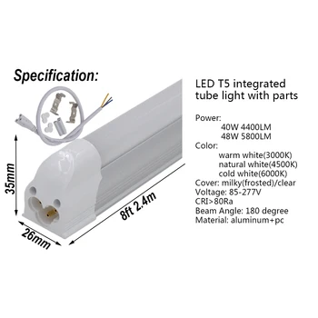4-100/pak LED Vamzdis Šviesos 8ft 2.4 m T5 Integruota Lemputė 40W 48W Slim Lempa, Šviestuvas, su jungiamosiomis detalėmis (fitingais Linkable Baras, Linijinis Apšvietimas