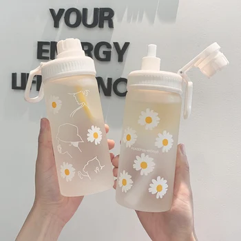 500m Mielas Daisy Plastikinių Vandens Butelių su Šiaudų Nešiojamų Aišku, Matinio Vandens Butelis Studentams Geriamojo Taurės BPA Free
