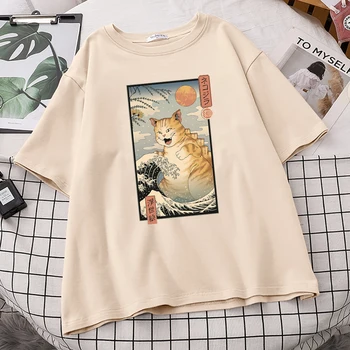 Bangos Ir Big Cat Japonų Stiliaus Spausdinimo Tshirts Moterų Didelis Dydis Marškinėliai Atsitiktinis Palaidų Marškinėlius S-Xxxl Negabaritinių Marškinėliai Moterims