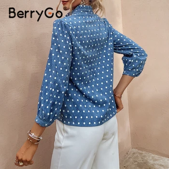 BerryGo Office Lady Golfo Kropkowany Moterų Blue Marškinėliai Rudenį Priežastinis Ponios Liesas Viršuje Moterų Reguliariai Rankovėmis Palaidinė 2021