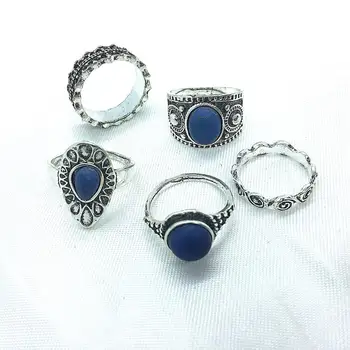 Boho Vintage Blue Gem Karka Žiedų Rinkinys Moterims Piršto Žiedą Moterų Bohemijos Žiedas Mados Juvelyrika Dovana