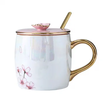 Cherry Blossom Keraminiai Puodeliai Su Dangteliu Aukso Šaukštas Porcelianiniai Kavos Puodeliai Pieno Pusryčiai Drinkware Moterų Mėgėjams Draugais G