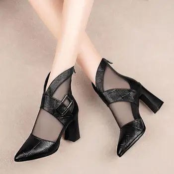 Cresfimix Zapatos De Mujer Moterų Kietas Pažymėjo Tne Black Pu Oda Vasaros Tinklelio, Kvėpuojantis Aukšto Kulno Batai Lady Šalies Siurbliai A6979