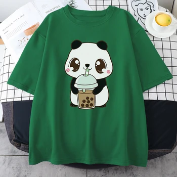 Cute Little Panda Geria Pieno, Arbatos Spausdinti Moterų Marškinėliai Vasarą Laisvi Viršūnes Laisvalaikio Stiliaus o-Kaklo Marškinėliai trumpomis Rankovėmis Moterims Marškinėliai