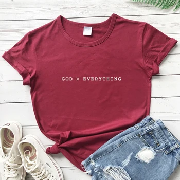 Dievas Per Viską, T-marškinėliai Atsitiktinis Moterų Krikščionių Marškinėlius Drabužius trumpomis Rankovėmis Unisex Religinių Jėzaus Tikėjimas Biblija Viršūnes Tees
