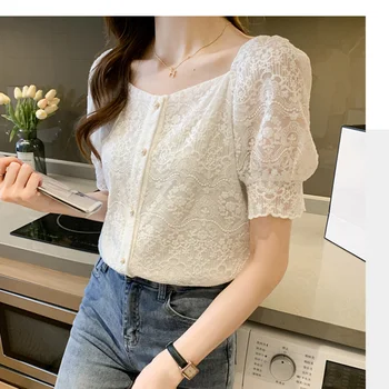 Elegantiškas Aikštėje Apykaklės Sluoksniuotos Rankovėmis Marškinėliai Moterims Korėjos Mados Nėriniai Tuščiaviduriai Mygtuką Palaidinė Office Lady Vasaros Baltos Viršūnės