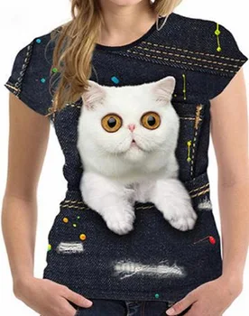 Harajuku Moterų Grafinis T-Shirt 3D Katė Spausdinti Atsitiktinis Tee Vasaros trumpomis Rankovėmis Moteris Tshirts Apvalios Kaklo Pigūs Drabužiai Viršuje Femme