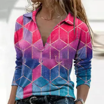 Jocoo Jolee Moterų Sping Long Sleeve V-Kaklo Geometrinis Spausdinimo Derliaus Laisvi Marškinėliai Atsitiktinis Megztinis Elegantiška Palaidinė Negabaritinius