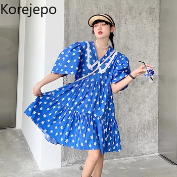 Korejepo Moterų Suknelė 2021 M. Vasarą Naujų Korėjos Elegantiškos Retro Saldus Mėlyna Gėlių Sluoksniuotos Rankovėmis Lėlės Apykaklės Prarasti Juosmens Trumpą Suknelę Moteris