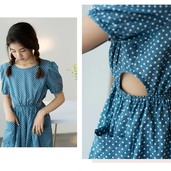Korėjiečių Mergaitės 2021 M. Vasarą Naujų Žibintų Sleeve Blue Dot Aikštėje Apykaklės, Kišenės Vaikai Medvilnės Suknelė Paauglių Vaikų Drabužiai,#6173