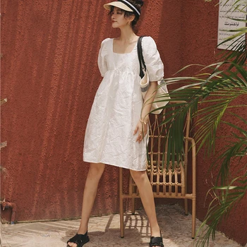 Lucyever Prancūzija Sluoksniuotos Rankovėmis Suknelė Moterims su Kišenėje Vasaros Aikštėje Apykaklė Balta Mini Sundress Moterų Saldus Prarasti Vestidos Mujer