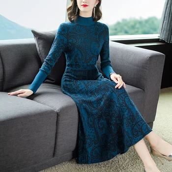 LUKAXSIKAX 2020 Nauja Rudens Žiemos Pusė Moterų Golfo Megzti Ilga Suknelė Aukštos Kokybės Elegantiškas Vintage Megztinis Suknelė