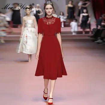 MoaaYina Naujas 2021 Mados Dizaineris Vasaros Raudona Suknelė Moterims trumpomis rankovėmis Nėrinių Kratinys Aukšto juosmens Varčias Elegantiškas Šalis Midi Suknelė